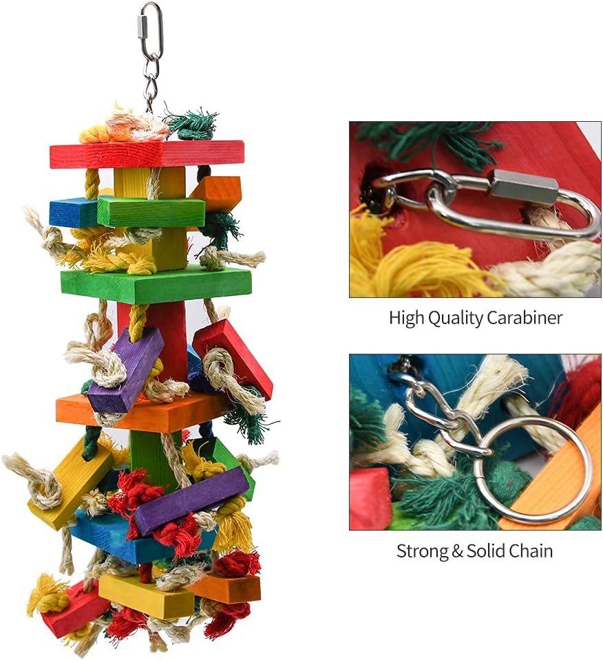 RUBY.Q 3 Pack Large Parrot Toy, 20in Bird Parrot Toy, Multicolor Natural Wooden Bird Chewing Toys for Large Macaws, African Grey and a Variety of Amazon Parrots