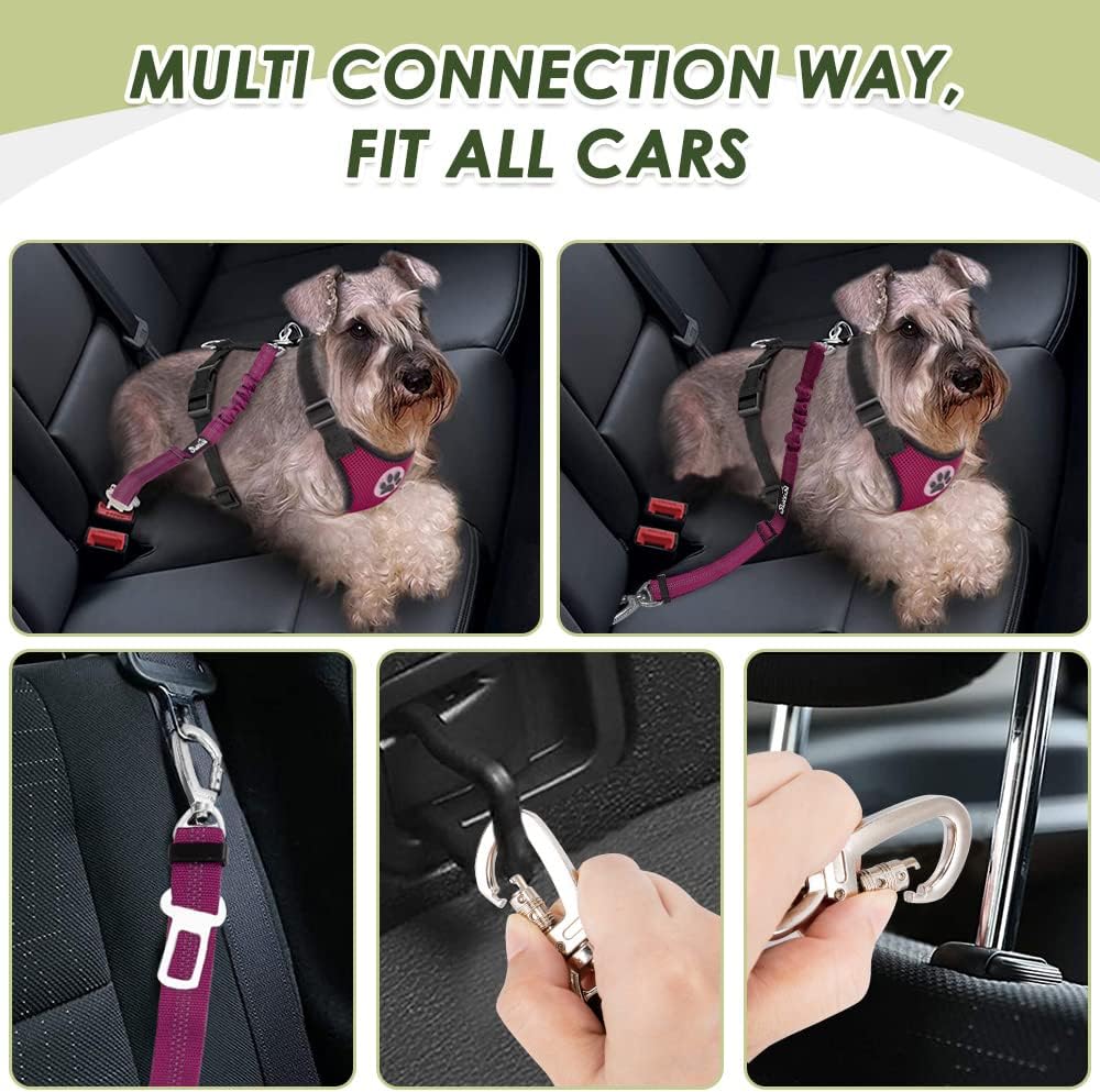 Lukovee Dog Seat Belt for Car, Adjustable Dog Car Harness for Large Medium Small Dogs, Soft Padded & Breathable Mesh Dog Seatbelt with Car Strap and Carabiner(Rose Double Clip,XX-Small)