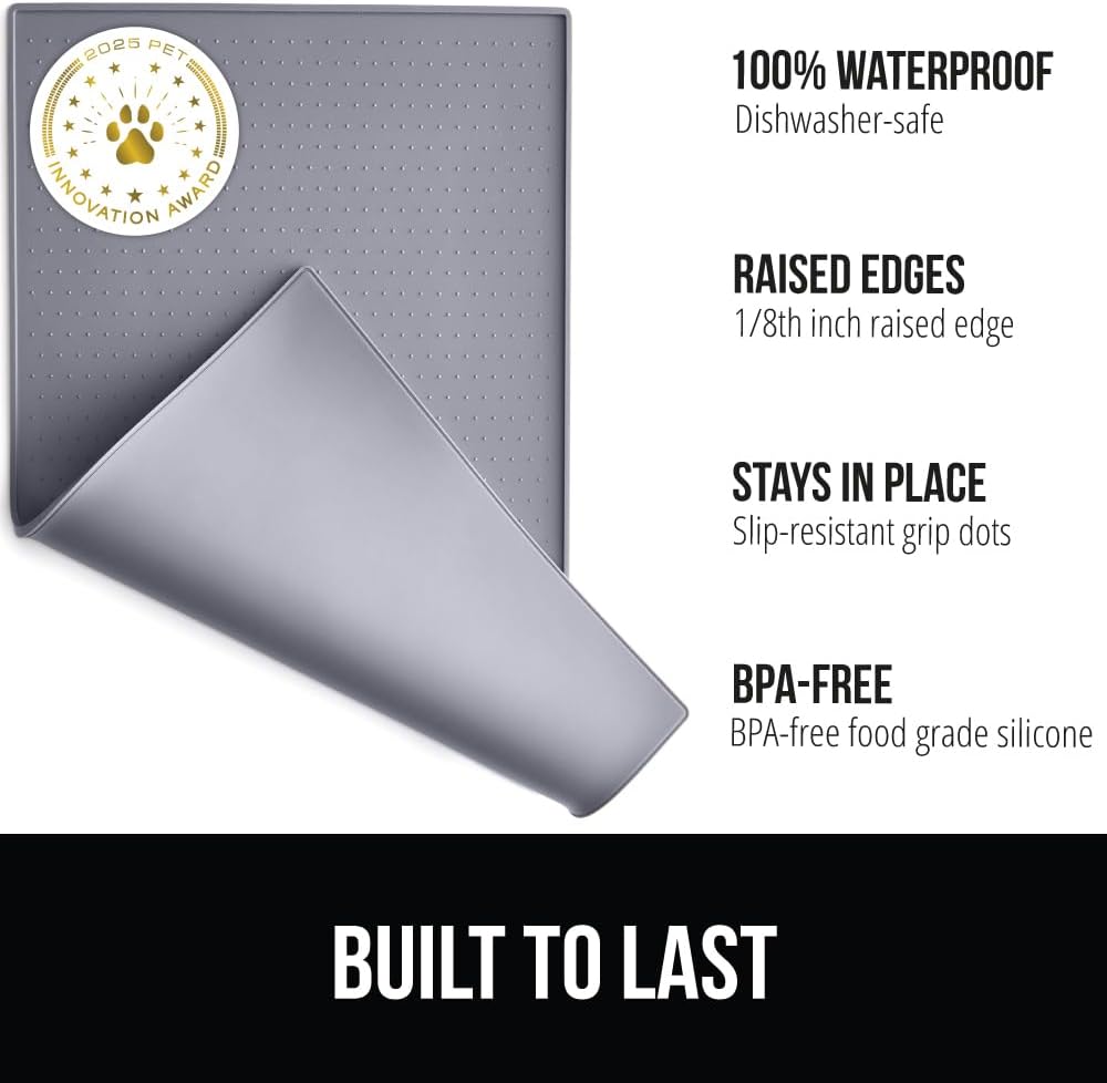 GORILLA GRIP 100% Waterproof Raised Edge BPA Free Silicone Pet Feeding Mat, Dog Cat Food Mats Contain Spills Protects Floors, Placemats for Cats and Dogs Water Bowl, Pets Accessories 32x24 Gray