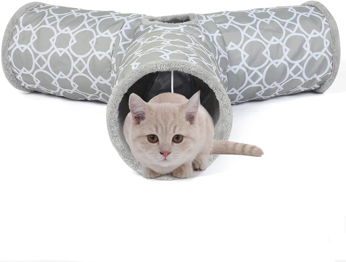 LUCKITTY Geometric 3 Way Cat Tunnel with Plush Inside,Cats Toys Collapsible Tunnel Tube with Balls, for Rabbits, Kittens, Ferrets,Puppy and Dogs