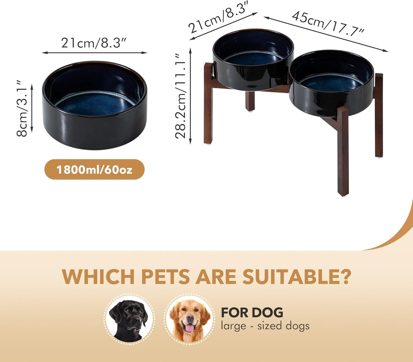 Ceramic 8.2inch Raised Double Dog Bowls Set with Acacia Wood Stand, Food & Water Bowls for Large Breed Dogs, Weighted Pet Dishes(60oz, Starry Sky)
