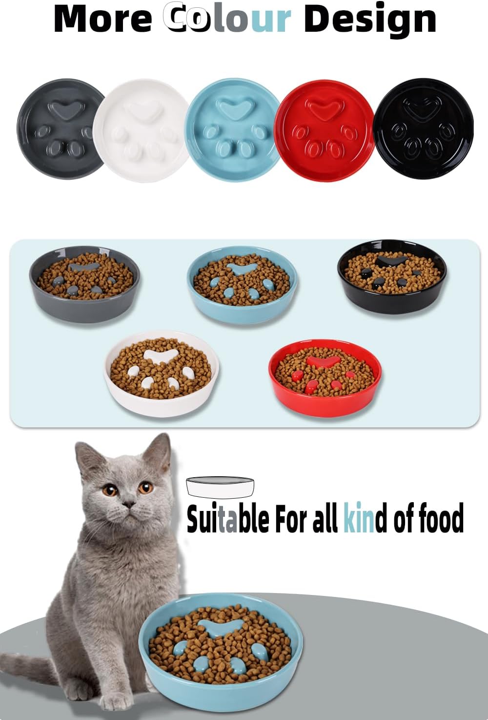 Slow Feeder Cat Bowls, Ceramic Fun Slow Eater Bowl for Cats (Turquoise)