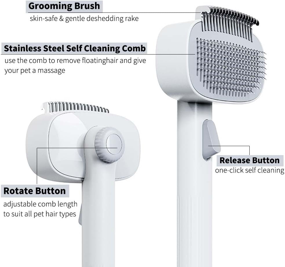 Marchul 2-in-1 Cat Grooming Brush, Cat Brushes with Release Button & Deshedding Dematting Rake, Grooming Comb Tool for for Long or Short Haired Pets, Reduce Shedding, Remove Knots and Massage, White