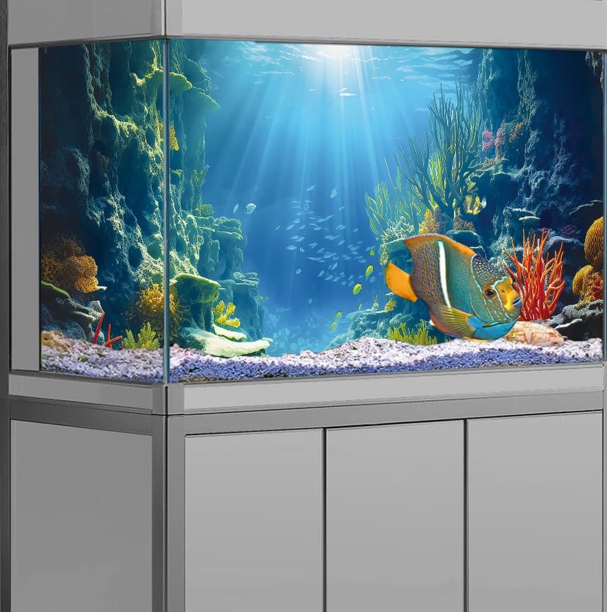 72X16IN Blue Sea Floor Aquarium Background, Natural Underwater World 3D Effect Fish Tank Decorations Background, Art Terrarium Background with 8 EVA Double-Sided Tape