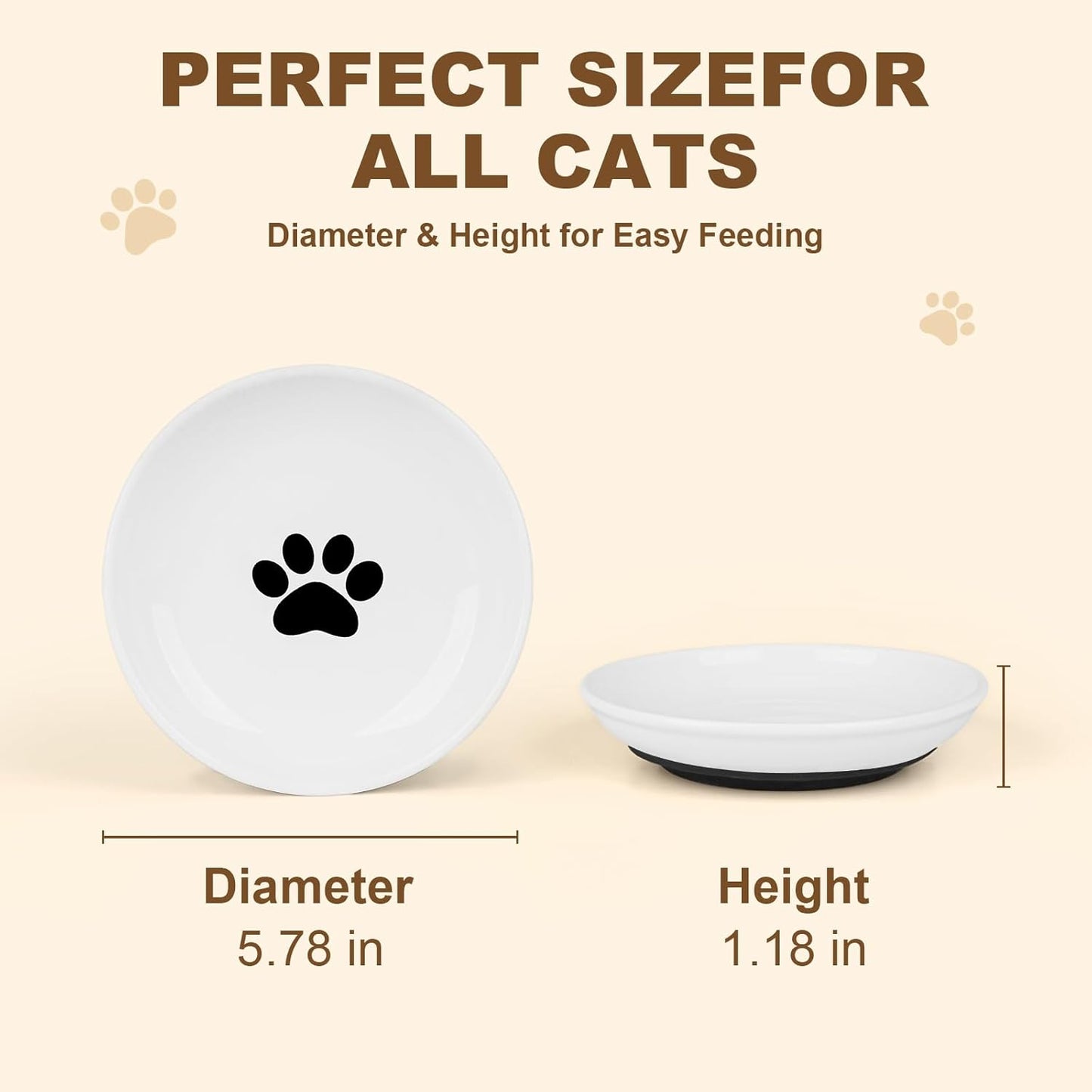 Ceramic Cat Food Bowls - 2 Pack Shallow Plates for Wet Food, Whisker-Friendly Feeding Dish with Non-Slip Silicone Base, Microwave & Dishwasher Safe for Indoor Cats & Kittens