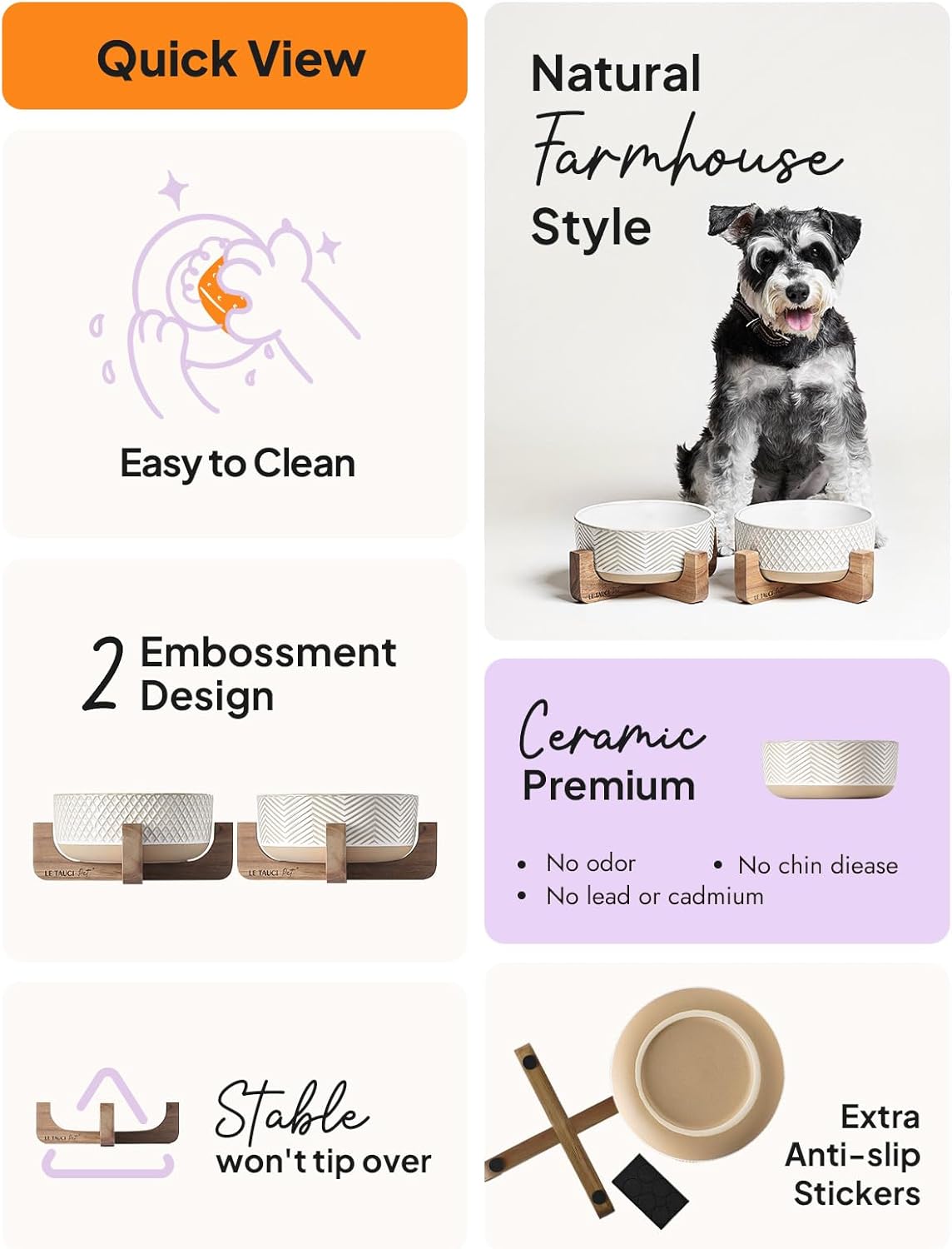 Ceramic Dog Bowl Set, 4 Cups Food and Water Bowl for Medium Small Dogs, Cute Pet Dishes with Wood Stand, Rhombus+Wave Design (Set of 2)