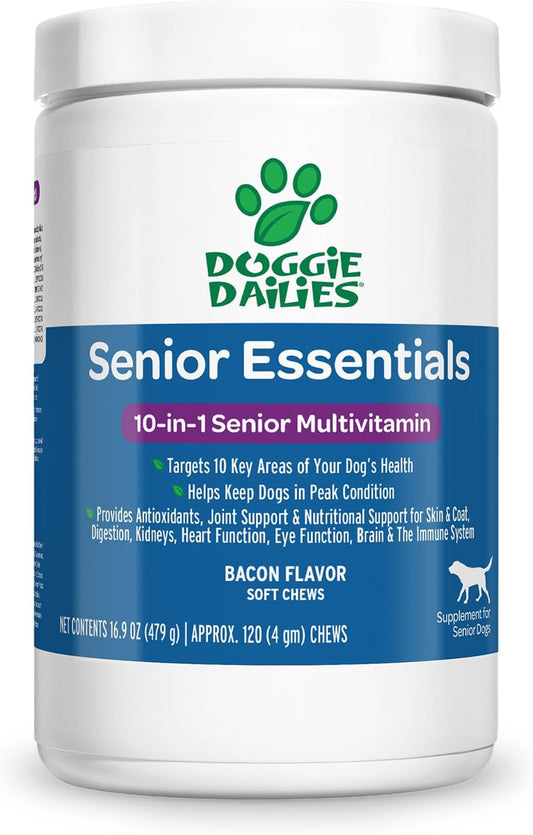 Doggie Dailies Senior Essentials Multivitamin for Dogs Soft Chews | Advanced Dog Multivitamin | Nutritional Support for Joints, Skin & Coat, Digestion, and the Immune System | Bacon Flavor | 120 Count