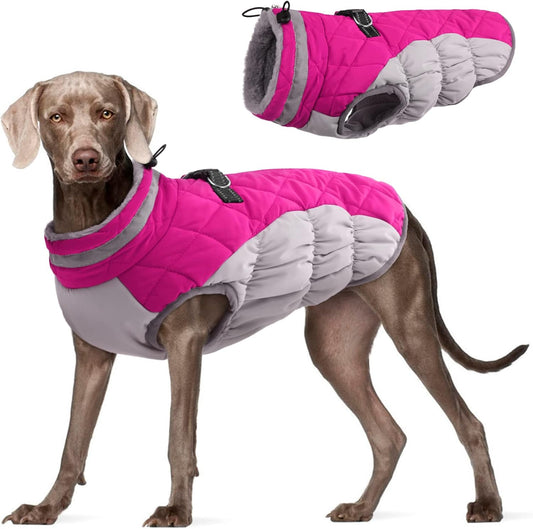 FUAMEY Dog Coat for Large Dogs,Waterproof Dog Winter Jacket with Harness Built in Puppy Cold Weather Coats Reflective Pet Vest with Zipper Warm Fleece Dogs Snowsuit Windproof Pink XXL