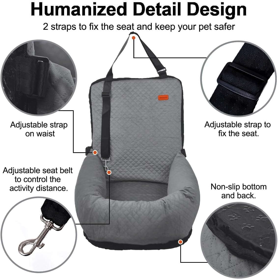 Dog Car Seat for Small Medium Dogs Up to 40lbs, Detachable Washable Soft Pet Booster Travel Bed for Front & Gray Seat with Safety Leash Belt