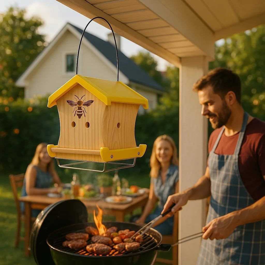 Carpenter Bee House for Outside, Wood Beetrap for Outdoors Insect House Hotel for Garden Stainless Cable Bee Box Without Bottle 2025 New Heavy Duty