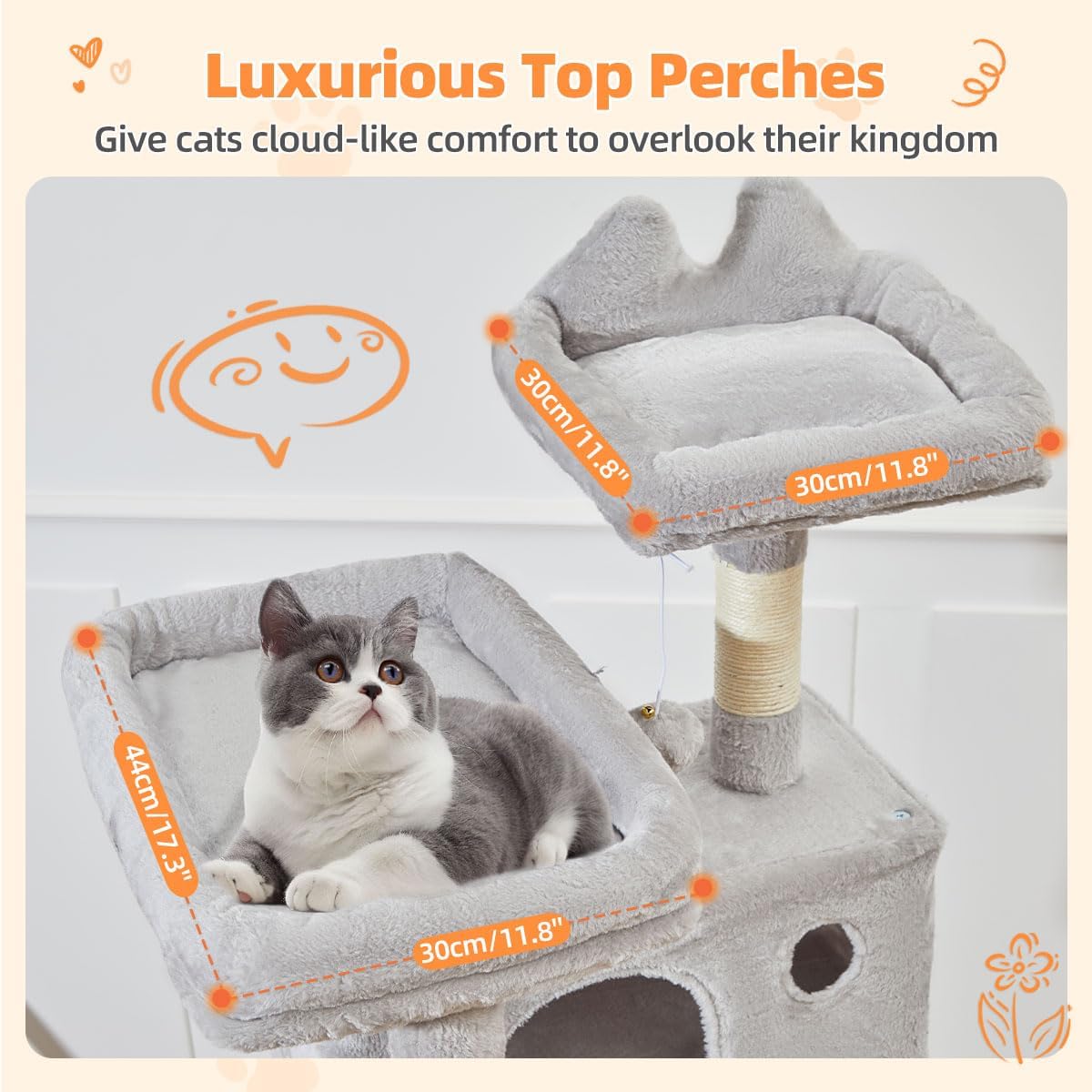 Taoqimiao Cat Tree 71-Inch, Cat Tower for Indoor Cats Large Adult, Multi-Level Large Cat Condo, 8 Sisal Scratching Posts, Metal Frame Cozy Hammock, Scratch Board, 2 Top Perches, Light Gray MS026LW