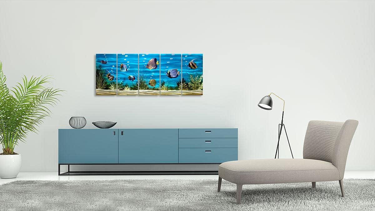 SYGALLERIER School Of Fish Metal Wall Art Handcrafted 3D Coastal Aluminum Artwork Modern Abstract Sea Styles Wall Accent in Blue Green Silver Color for Living Room Bedroom Bathroom Decor