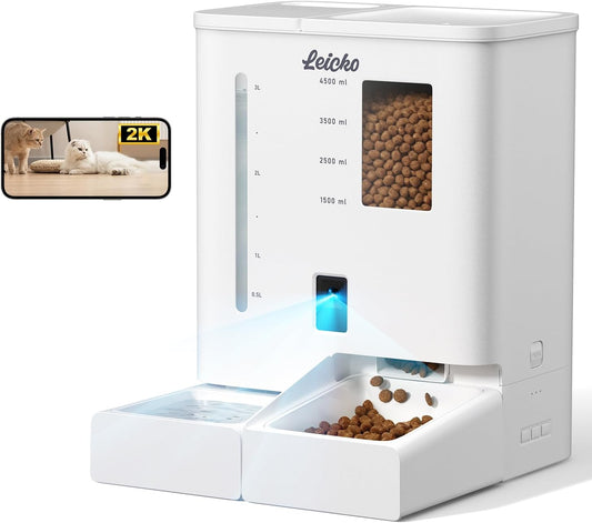 Automatic Cat Feeder with Camera,5G/2.4G WiFi Pet Feeder,2K HD Video and Night Vision,Easy APP Operation,Low Food and Food Clogging APP Tips,Water and Grain Large Capacity Feeder