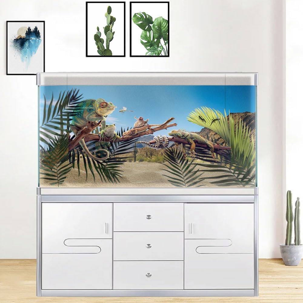 Reptile Habitat Background, Retro Desert Oasis Cactus Terrarium Background 30X12 in Background with 8 EVA Double-Sided Tape