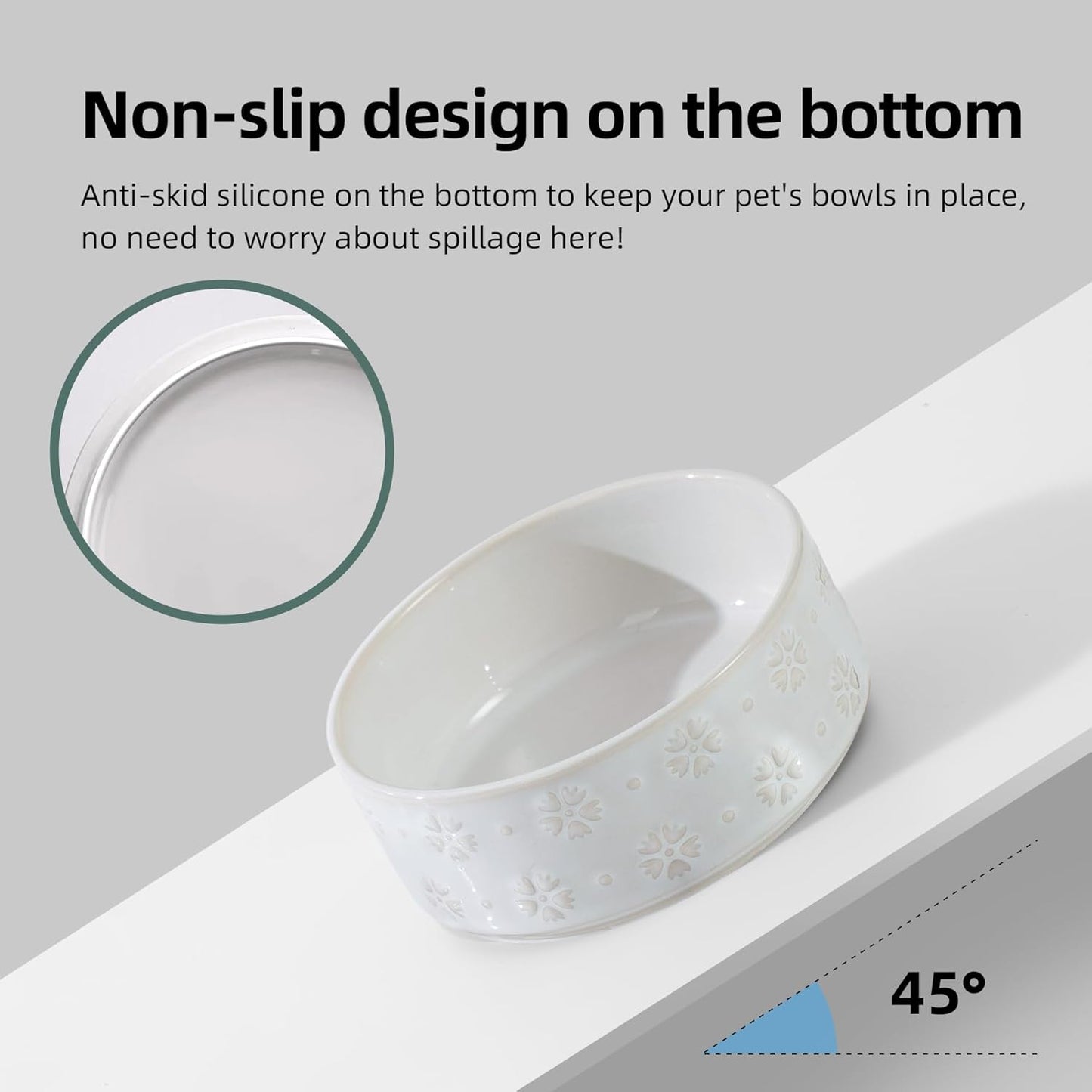 Ceramic 5.1inch Raised Dog and Cat Bowl Set, 2 Heights Elevated Wooden Stand for Puppy, Kitty, Cats, Weighted Pet Food and Water Dishes(5.1'',13.5oz, Arctic White)