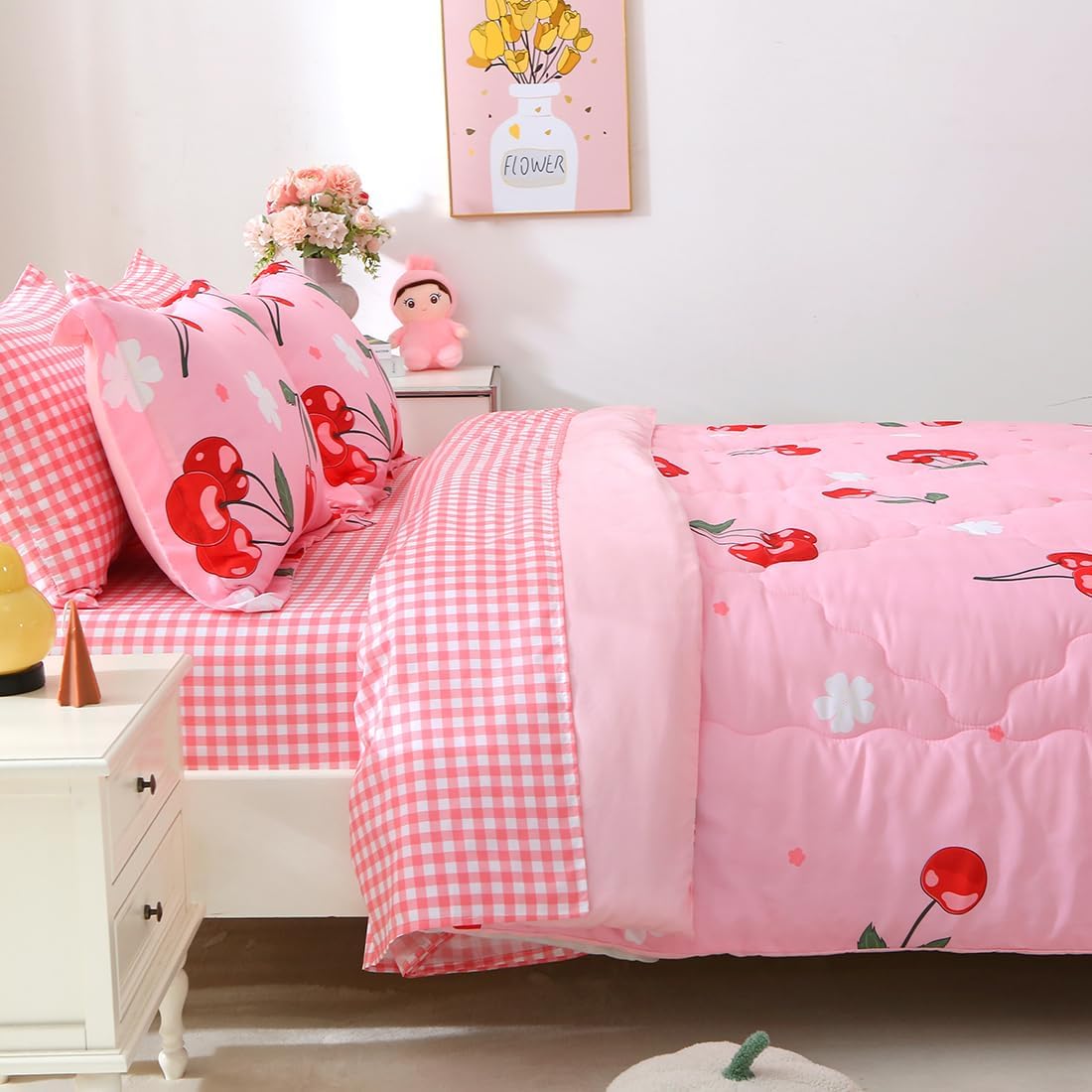 Girls Cherry Comforter Bedding Set Twin Size 7 Piece Pink Kawaii Oriental Cherry Comforter Set Bed in A Bag for Kids Teens All Season (Comforter,Flat Sheet,Fitted Sheet and Pillow Sham)