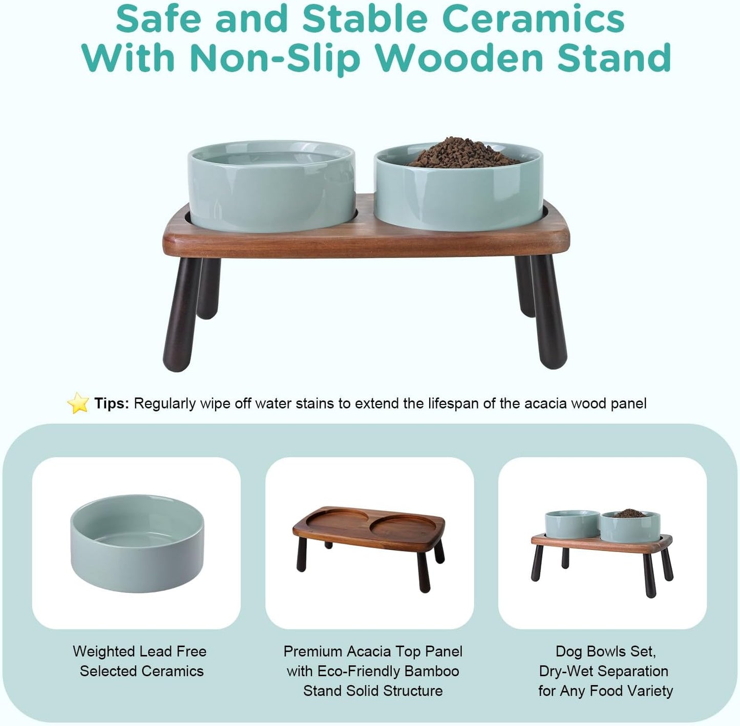 SPUNKYJUNKY Ceramic Elevated Dog Bowls Raised with Acacia Bamboo Wooden Stand, 6.1'' Dog Cat Food Water Bowls Set Non-Slip for Small Medium Sized Breed Microwave Dishwasher Safe - 28.7 OZ,Light Green