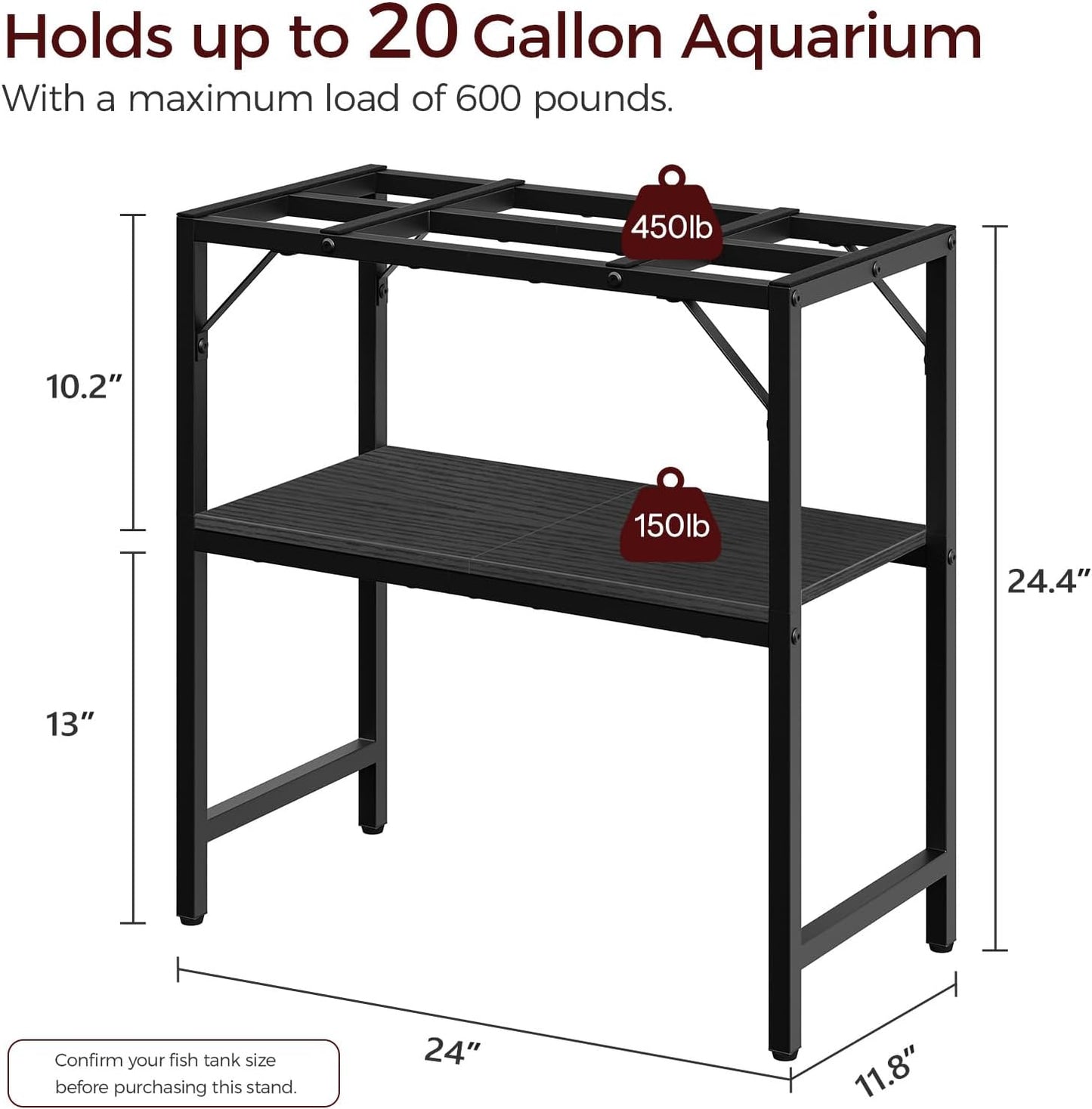 20 Gallon Fish Tank Stand, Aquarium Stand with 2-Tier Storage Shelves, Heavy Duty Breeder Turtle Terrarium Stand Rack for Home Office, 24.0" L x 11.8" W x 24.4" H, Black FTBK2001