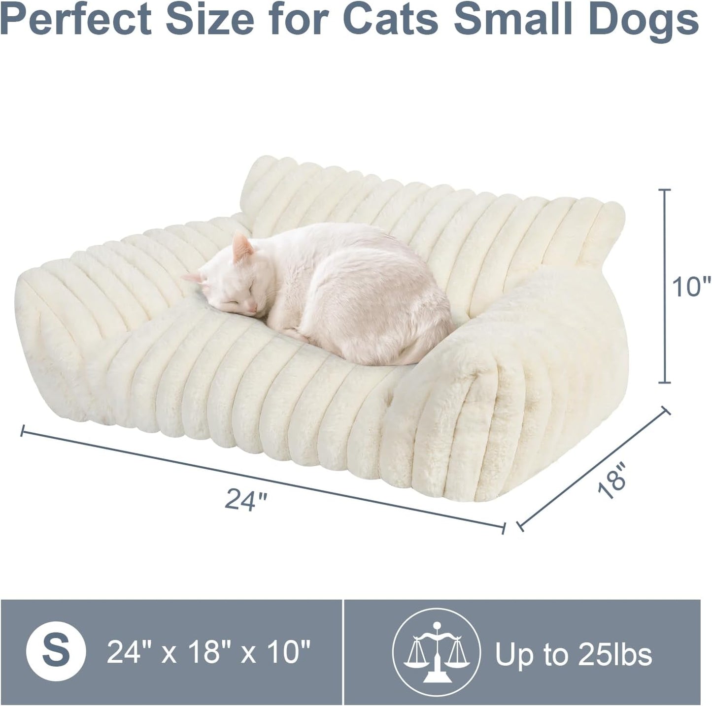 Cute Cat Couch Bed for Indoor Cats, Fluffy Pet Cat Sofa with Premium Soft Corduroy Fleece, Cute Small Dog Beds for Small Dogs, Fuzzy Puppy Chair with Removable Washable Cover (24x18x10,Cream)
