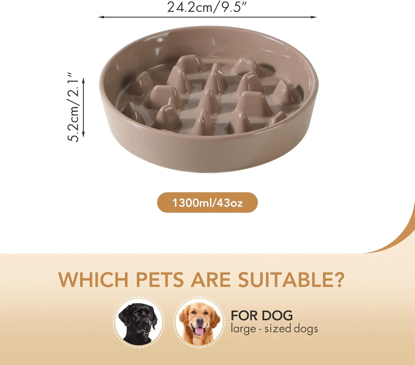 Ceramic 9.5 inch Dog Bowl Slow Feeder, Slow Pet Food Dish for Large Dog, Stop Bloat, Preventing Choking(Single Bowl, Brown Coffee)