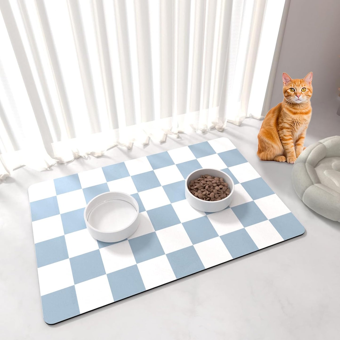 Pet Feeding Mat, 16"x 24" Absorbent Dog Food Mat, Checkered Cat Bowl Mats, Easy to Clean Pet Placemats, Quick Dry Dog Water Dispenser Mats for Messy Drinkers, Blue & White