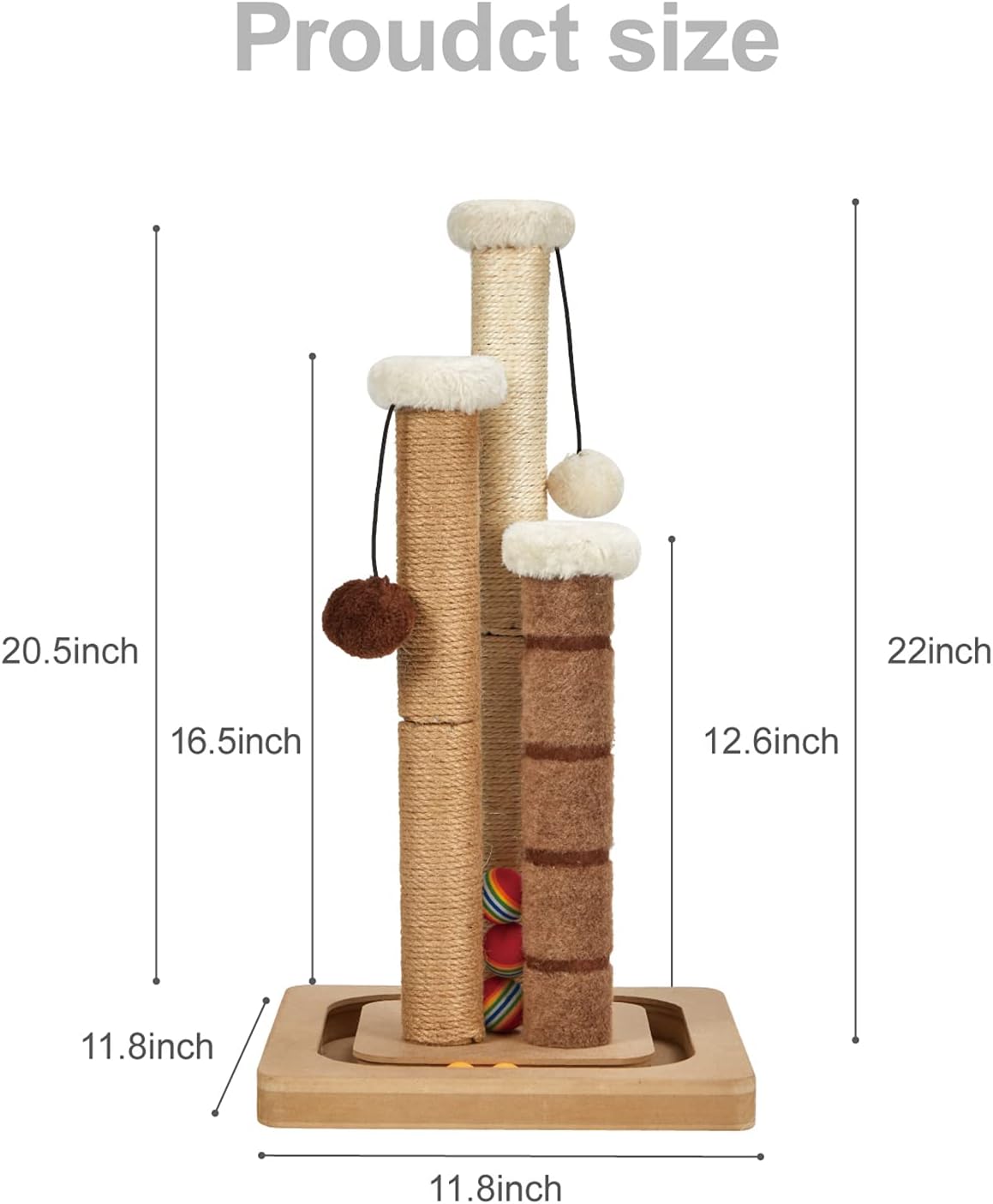 Cat Scratching Post Premium Natural Sisal Jute Carpet 3 Scratch Posts with Interactive Track Ball Base and Hanging Balls Toys Kitten Scratcher for Indoor Kittens and Small Cats