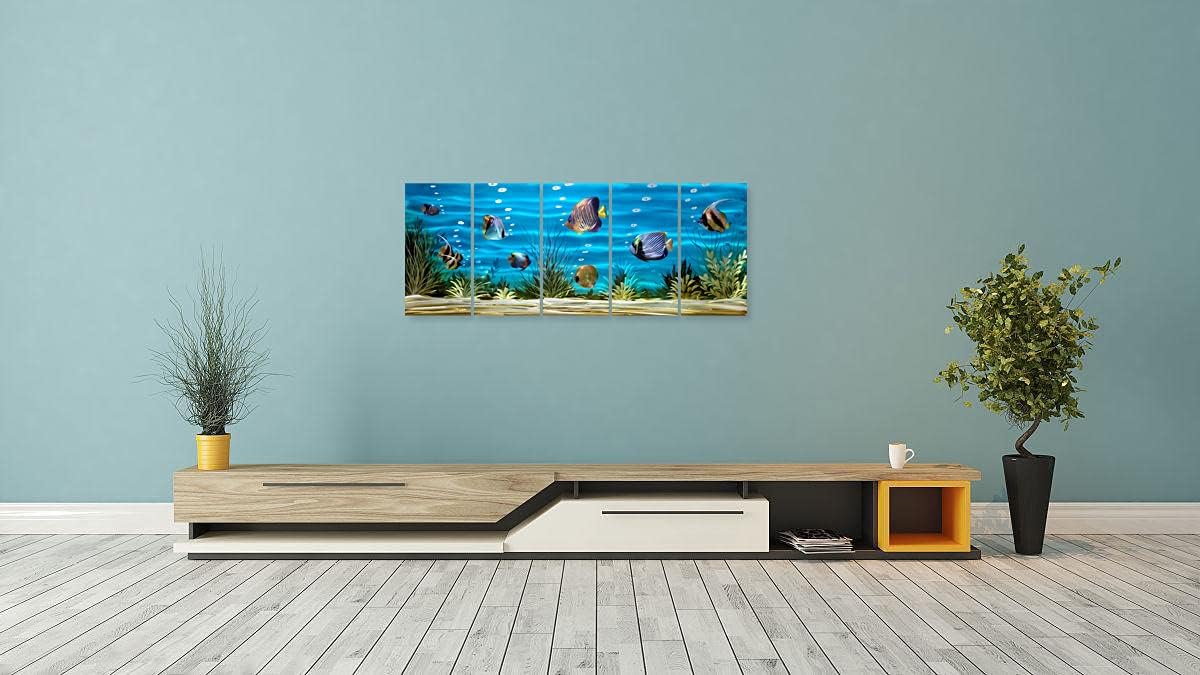 SYGALLERIER School Of Fish Metal Wall Art Handcrafted 3D Coastal Aluminum Artwork Modern Abstract Sea Styles Wall Accent in Blue Green Silver Color for Living Room Bedroom Bathroom Decor