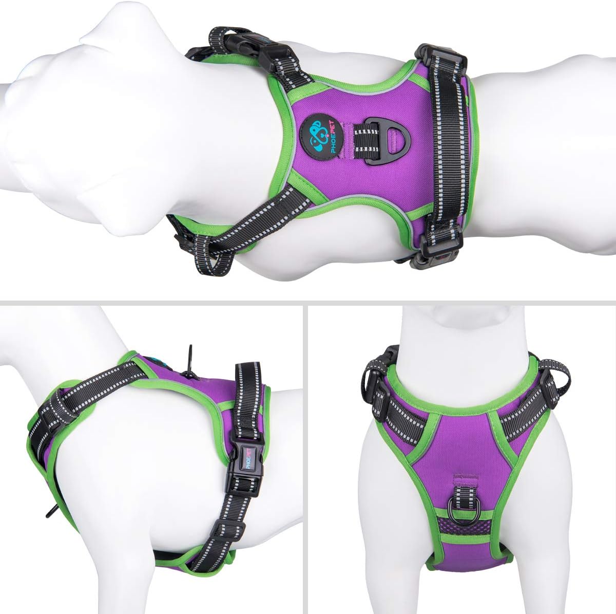 PHOEPET 2019 No Pull Dog Harnesses for Small Dogs Reflective Adjustable Front Clip Vest with Handle 2 Metal Rings 3 Buckles [Easy to Put on & Take Off](XS, Purple)