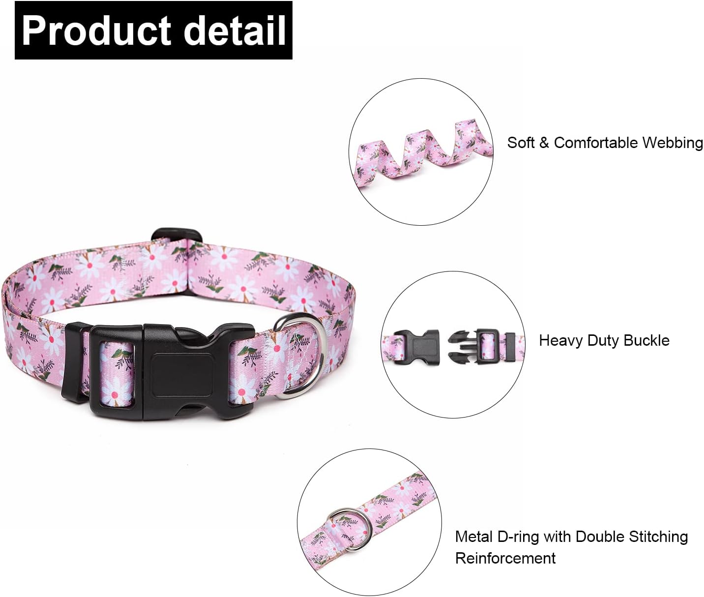 Mercano Adjustable Dog Collar - Special Design Patterns, Soft Nylon Comfortable Durable Pet Collar for Small Medium Large Dogs (M, Pink White Flower)