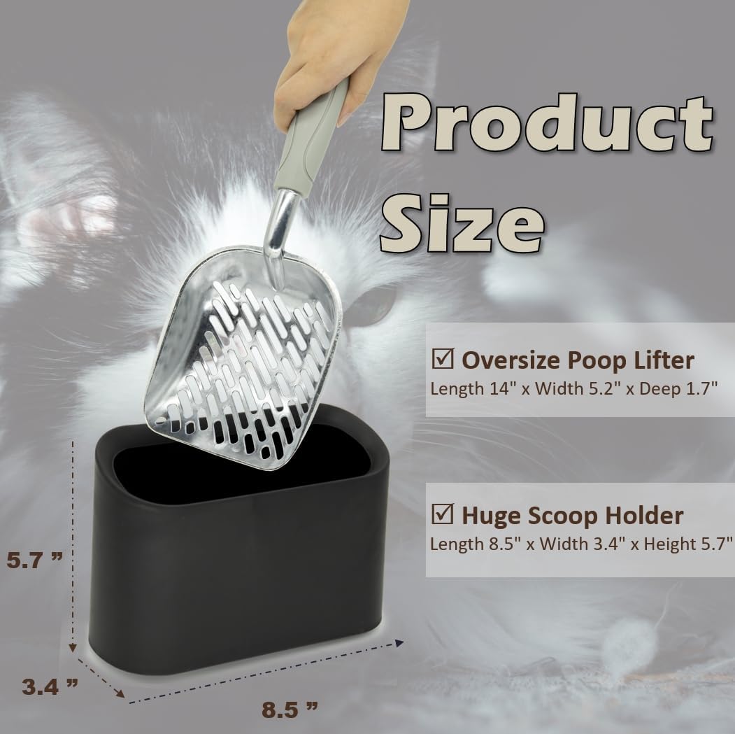 Metal Cat Litter Scoop with Holder, Aluminum Cats Litter Scooper Captures All Clumps, Heavy Duty Metal Kitty Scoopers with Holder, Cat Metal Scoop and Holder (Black)