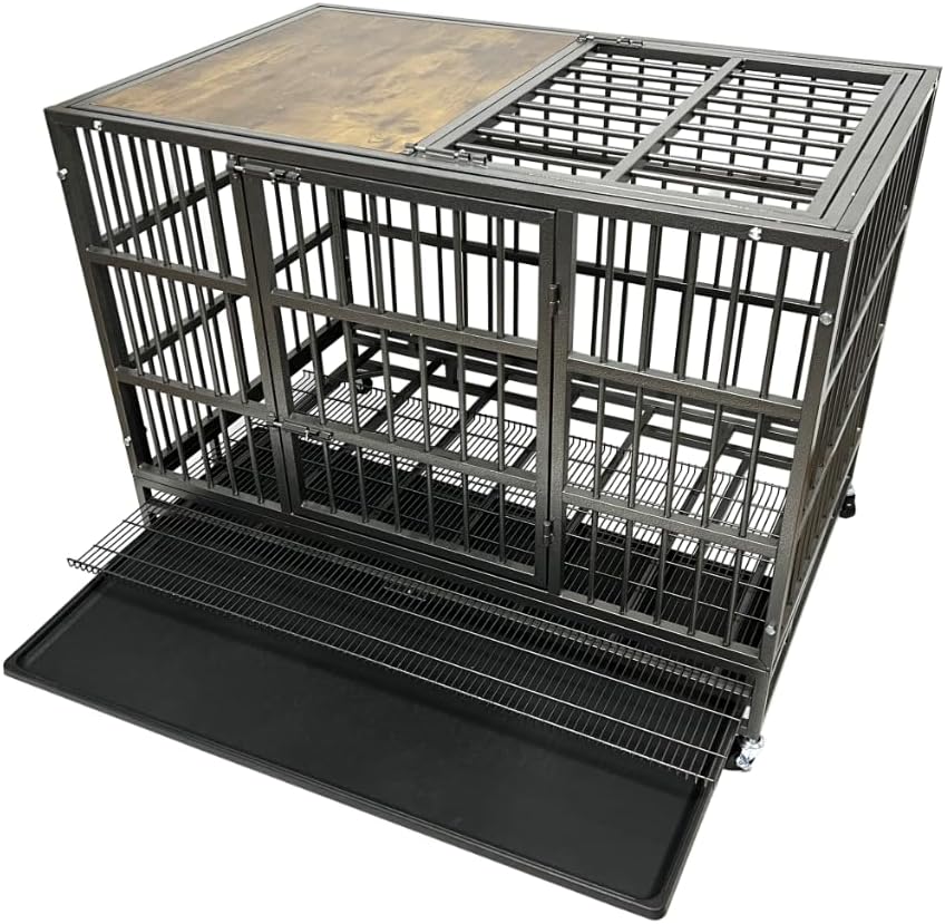 48/38 Inch Heavy Duty Funiture Dog Crate with Wheels, Indestructible and Escape Proof Wooden Kennel Indoor for High Anxiety Dogs with Sturdy Locks, Double Door and Tray, Extra Large XL XXL