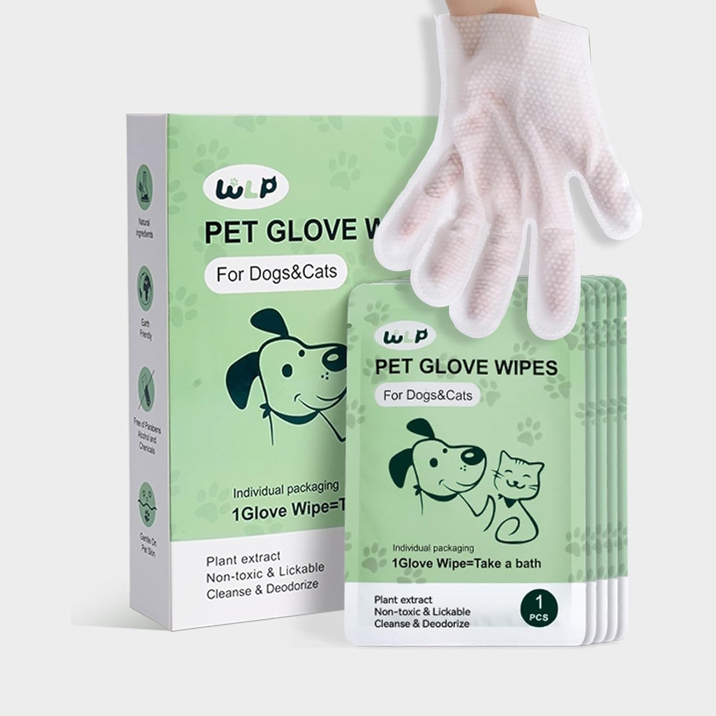 WLP 72 PCS Pet Cleaning and Deodorizing Glove Wipes for Dogs & Cats Hypoallergenic Pet Cleaning and Hydrating Glove Bath Wipes Enriched with Aloe & Jojoba Oil Individually Wrapped