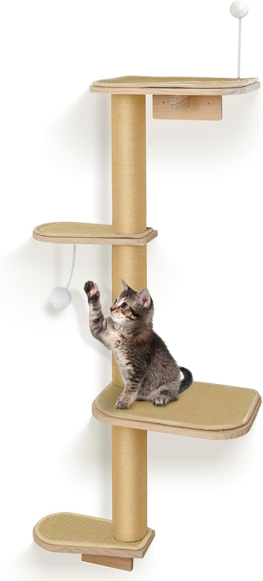 Cat Wall Shelves & Climber for Kittens – 4-Level Wall Mounted Cat Tree with Natural Sisal Pads, Adjustable Tower for Indoor Cats Up to 30lbs, Cat Wall Furniture System