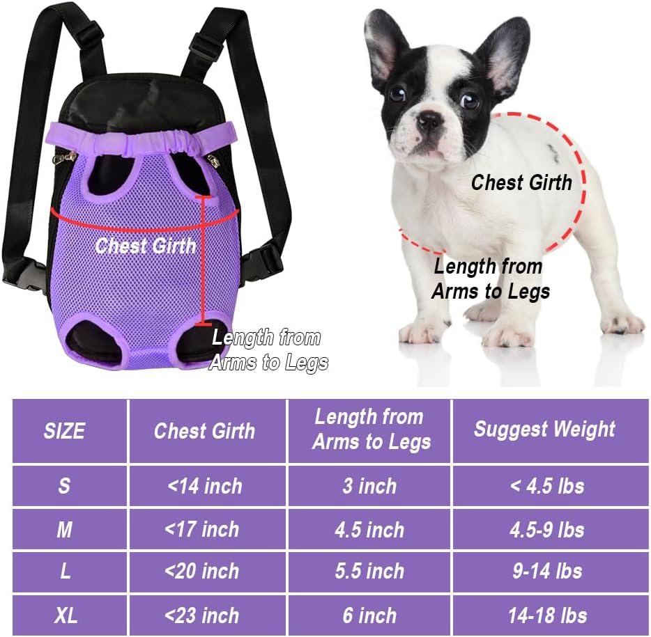 FEimaX Dog Carrier Backpack Pet Legs Out Front Cat Travel Bag, Adjustable Puppy Backpacks Carriers Hands-Free for Small Medium Dogs Cats Hiking Traveling Camping Daily Walking (Small, Purple)