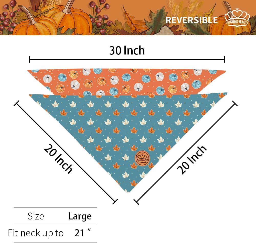 CROWNED BEAUTY Fall Dog Bandanas Reversible Large 2 Pack, Leaves Pumpkin Charm Set, Blue Orange Adjustable Triangle Holiday Scarves for Medium Large Extra Large Dogs Boy Girl Pets DB186-L
