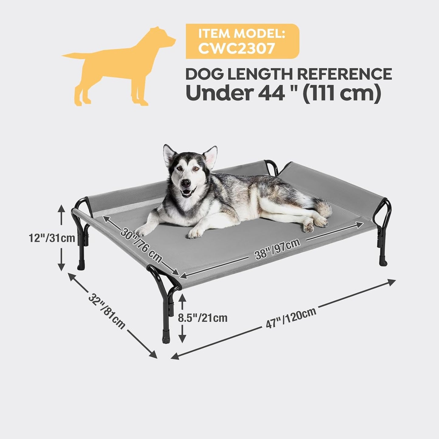 Veehoo Cooling Elevated Dog Bed, Raised Pet Cot with Guardrail & Slope Headrest, Durable Breathable Teslin Mesh, Non-Slip Feet, Washable Dog Couch Bed for Indoor & Outdoor, Large 47" x 32", Gray