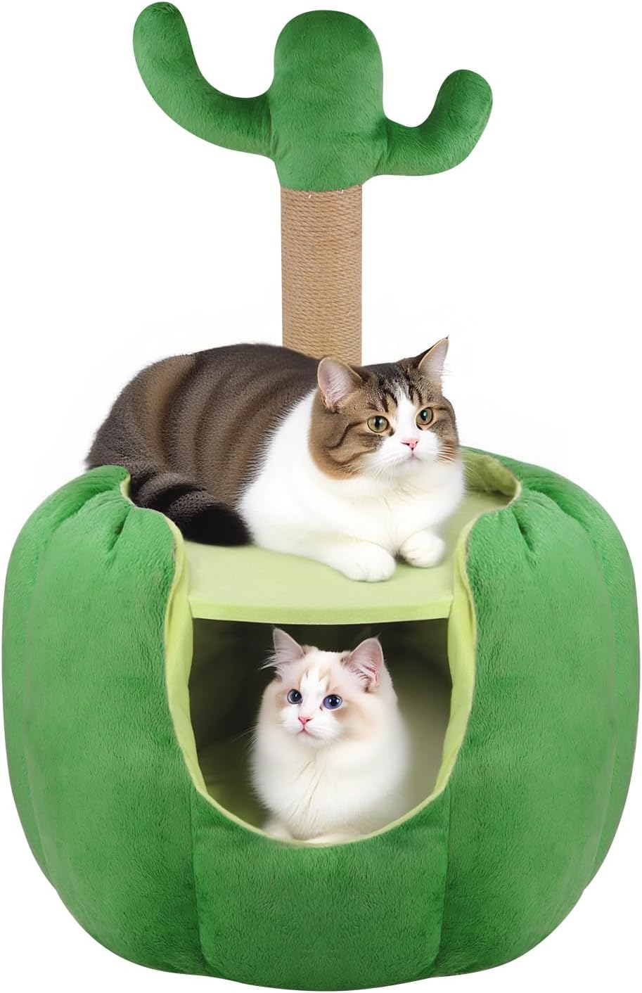 Cat Houses for Indoor Cats, Small Cat Tree with Sisal Ropes and Plush Perch, Cute Cat Bed Cave with Soft Pillow, Cactus Design