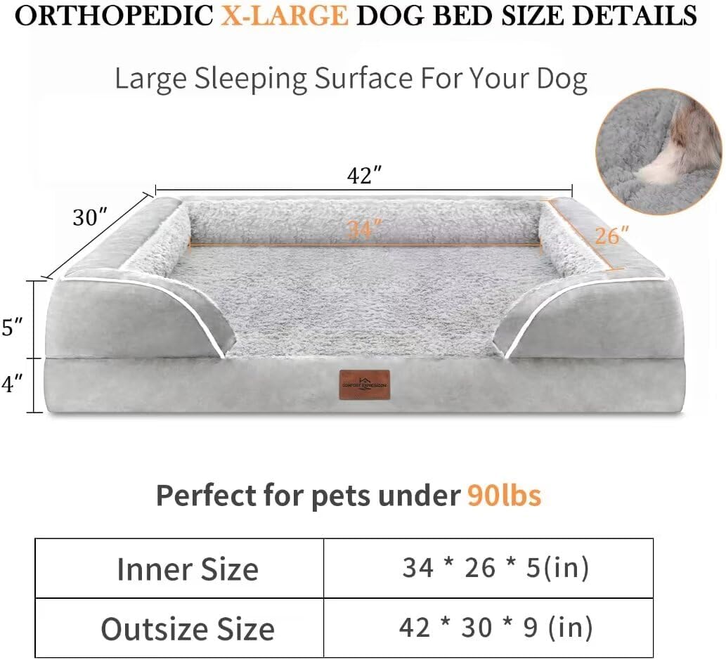 Comfort Expression Memory Foam Dog Beds Large Sized, Orthopedic Dogs Beds Washable, XL Dog Beds with Removable Cover, Waterproof Pet Sofa Couch with Bolster(X-Large,Light Grey)