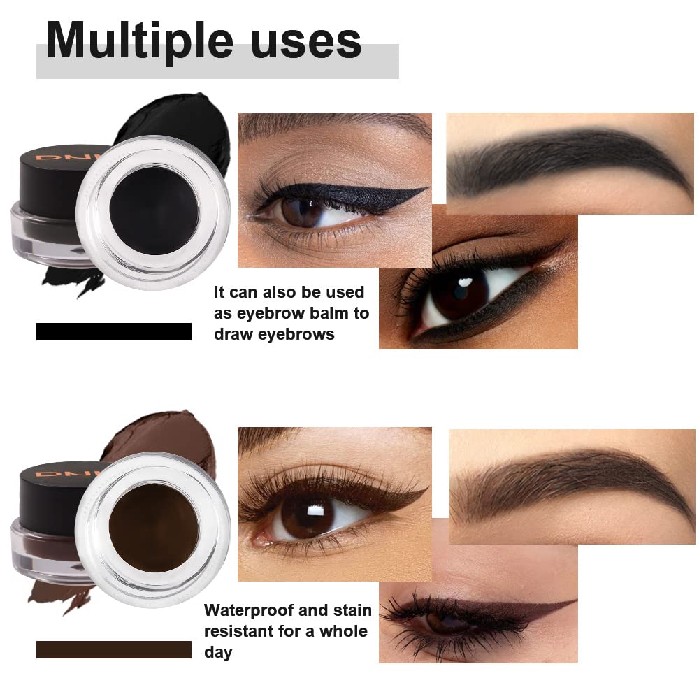 evpct 2 in 1 Black & Brown Gel Eyeliner Waterproof Smudge Proof for Waterline Eyebrow Cream Pomade Set with Brushes Long Wear delineador blanco Work Great with Eyebrow Eyeliner Face Body Paint Stick