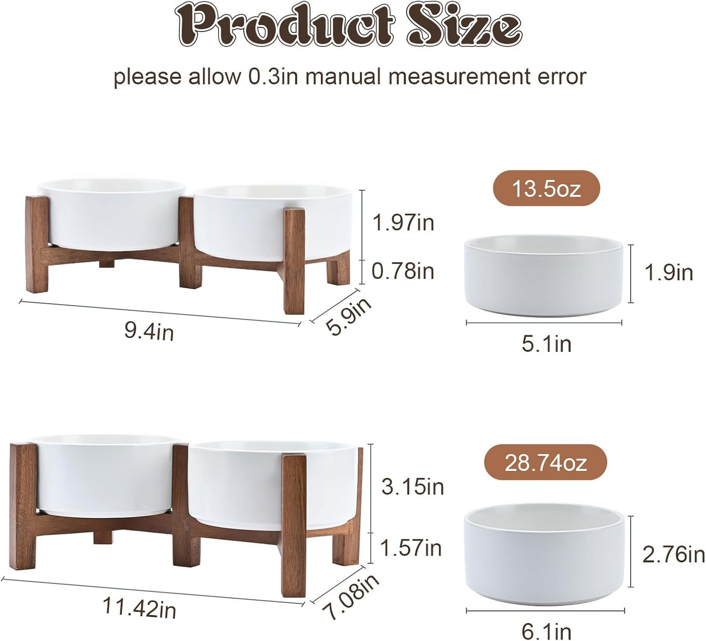 SPUNKYJUNKY Acacia Wood Stand Dog Bowl Set Raised, Ceramic Dog Food & Water Bowl for Medium Dogs (28.74 OZ, White)