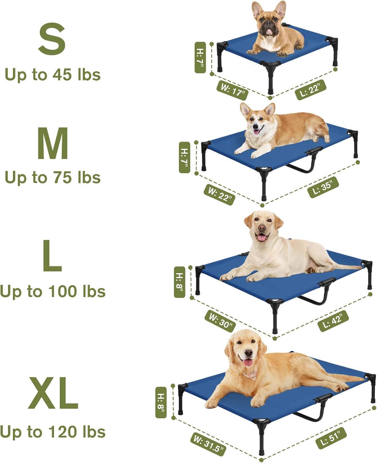 XL Elevated Dog Bed 51 Inch - Waterproof Raised Cooling Cot for 124lb Dogs, with Washable Breathable Mesh, All-Weather Outdoor Dog Bed with Non-Slip Feet, Blue