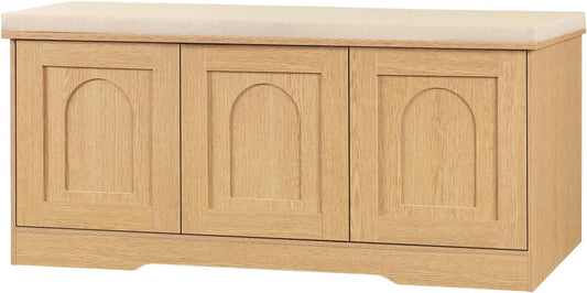 DINZI LVJ Shoe Bench, Entryway Storage Bench with Doors, Cushion, 2-Tier Shoe Rack with 6-Cubby, 39.4”L x 13.8”W Shoe Organizer Cabinet, Adjustable Shelf, Living Room, Bedroom, Natural