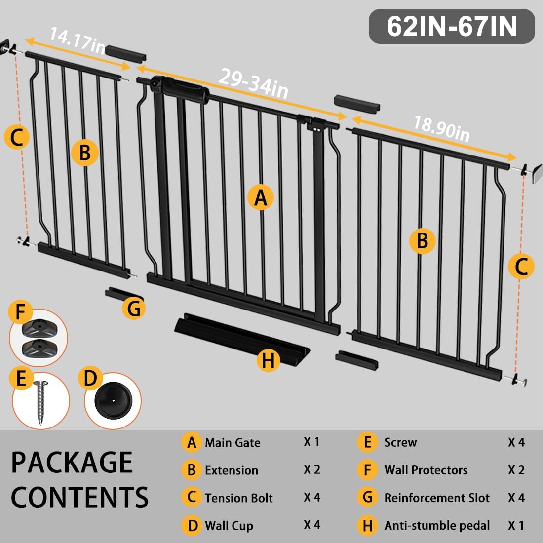Fairy Baby Extra Wide Baby Gate Black 62-67 Inch Wide, Walk Through Pressure Mounted No Drill, Long and Large Tension Gate for Pet and Kids