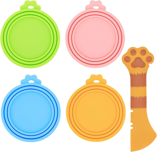 Food Can Spoon & Lids, One Multi-Functional Opener Spatula, 4 PCS BPA Free Silicone Universal Can Covers, Cute Paw Shape Spoon for Cat Dog Wet Food (Orange)