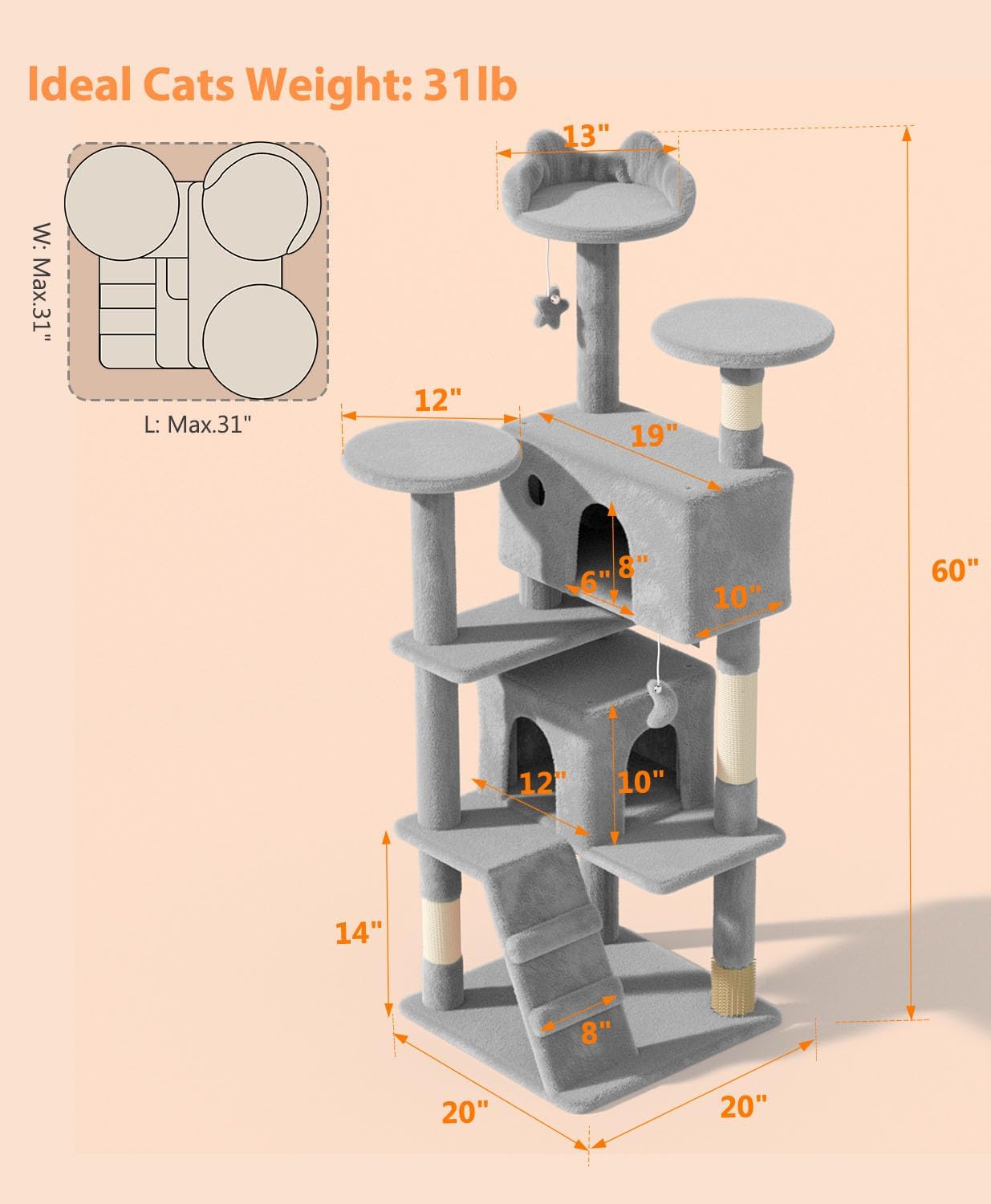 60'' Cat tree Tower for Indoor Cats Large Adult,Cute/Tall Modern Cat Tree for Big Cats 20 lbs,Plush Multi-Level Cat Condo with Scratching Posts,Dangling Ball for fun play(Light Gray, 60 inch)