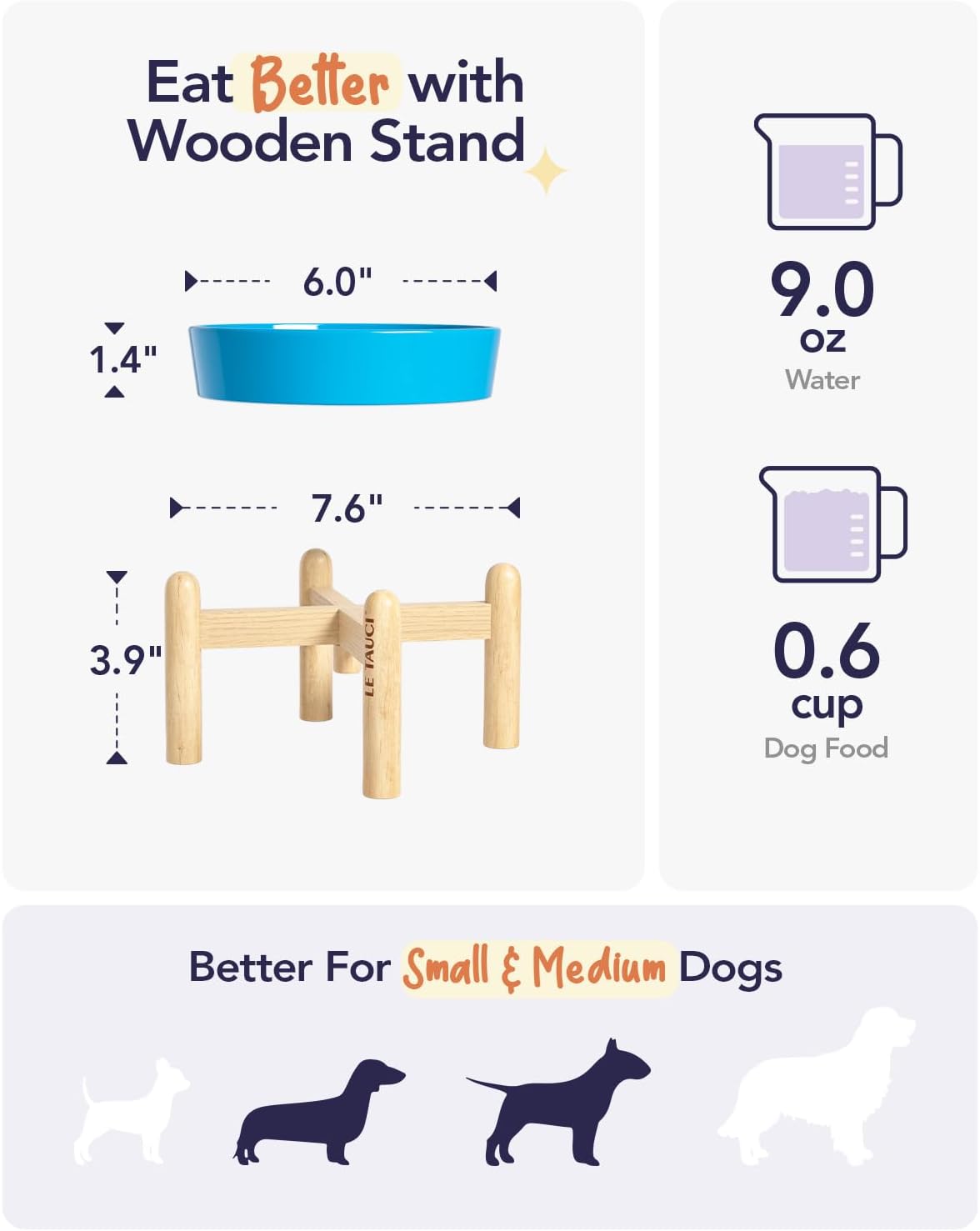 LE TAUCI Ceramic Slow Feed Dog Bowls, Elevated for Small Breeds, 6 inch, Blue, Non-slip