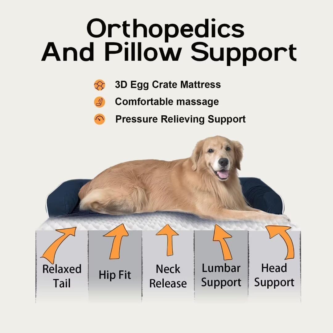 Large Dog Bed Orthopedic Washable - Waterproof with Removable Cover - Memory Foam - Beds Bolster Pet - Couch Sofa - XXL Large Big Dogs - Navy Blue Dog Bed
