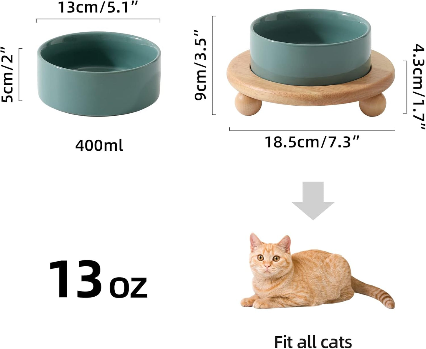 Ceramic Elevated Cat Food and Water Bowl, Kitty Bowl, Raised Cat Dish, Pet Feeder (5.1 in,1 x Dark Green + Stand)