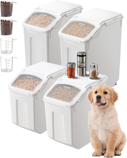 VEVOR Rice Storage Container, 3.5Gal/15Lx2 + 4.5Gal/20Lx2 Large Dog Food Dispenser Bin, Kitchen Ingredient Grain Cereal Bin, Pet food Containers with Wheels, 4 Measuring Cups, Airtight Lid, 4 Pack