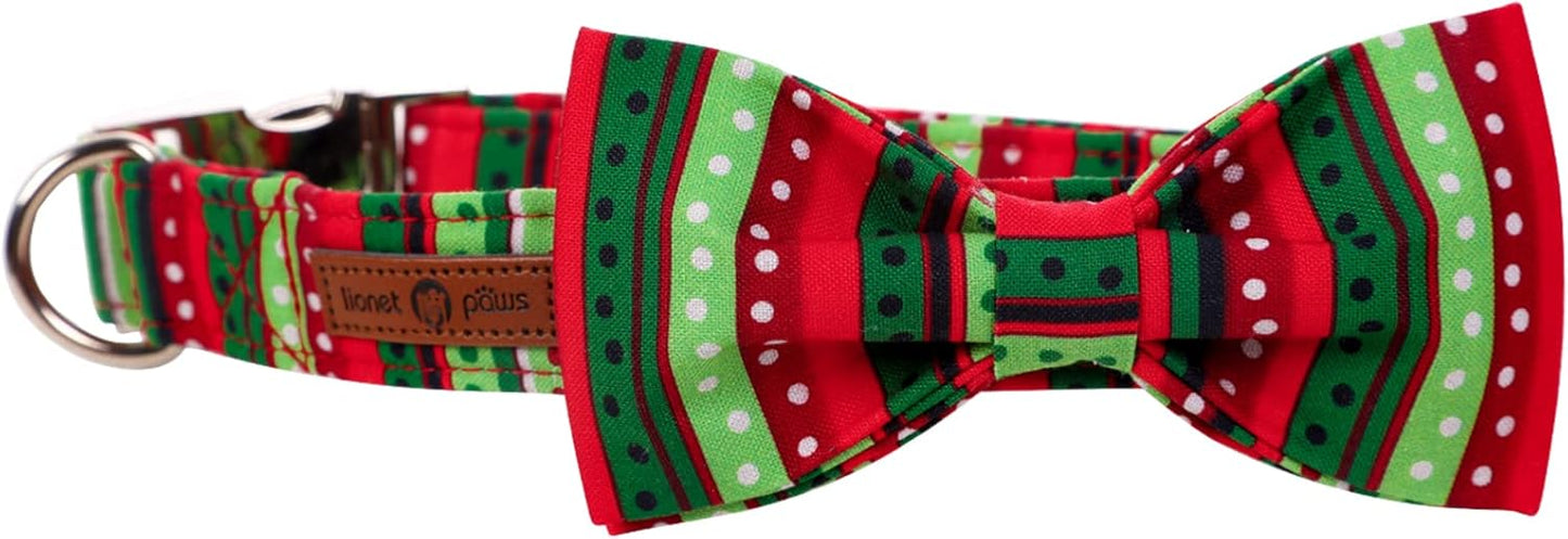Lionet Paws Christmas Dog Collar with Bowtie, Dog Bowtie Collar with Metal Buckle for Dogs, Adjustable Comfortable Dog Collar Girl Boy Gift, M, Neck 13.5-22 in